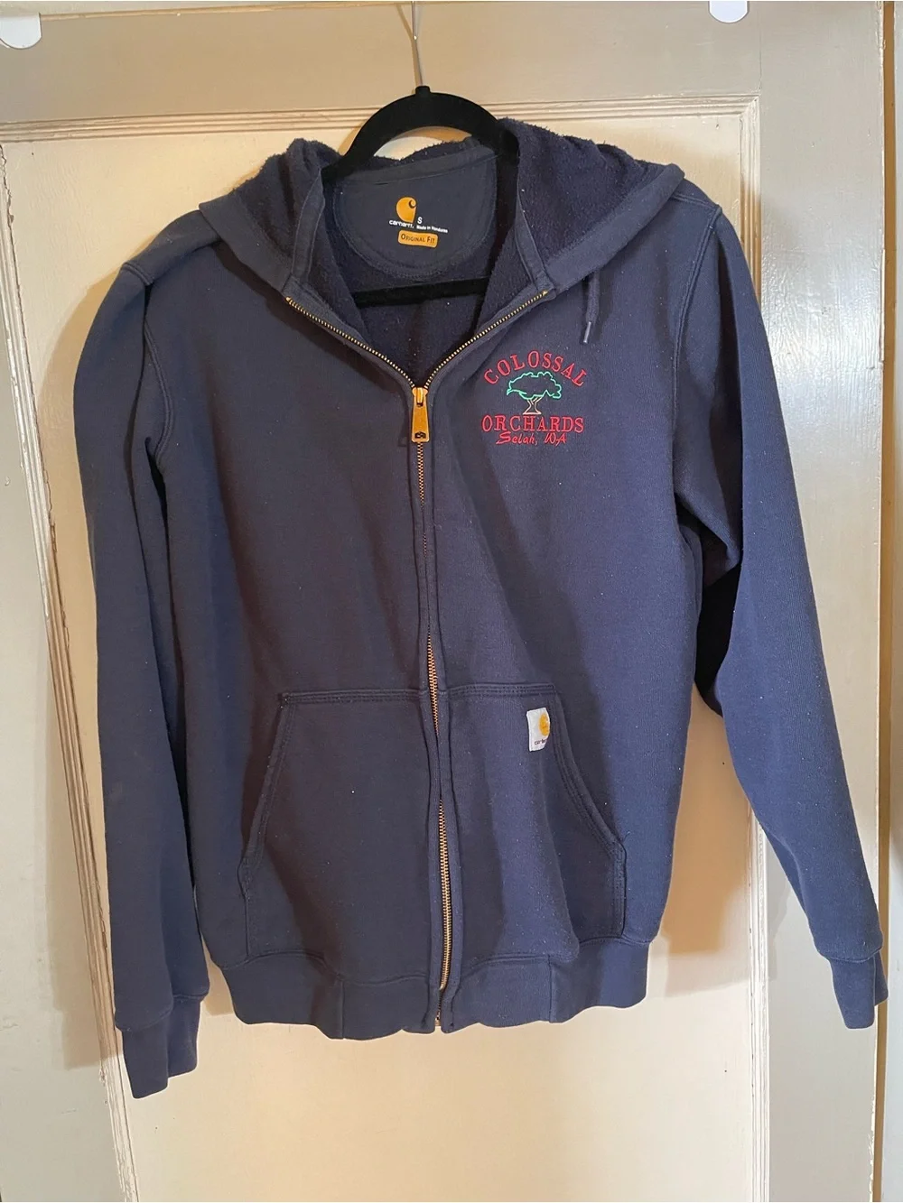 Carhartt Men’s Navy Vintage Zip-Up Hooded Sweatshirt - Colossal Orchards logo S